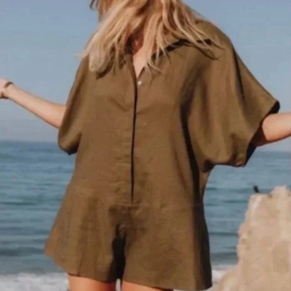 Daily Drills Linen Romper dark green